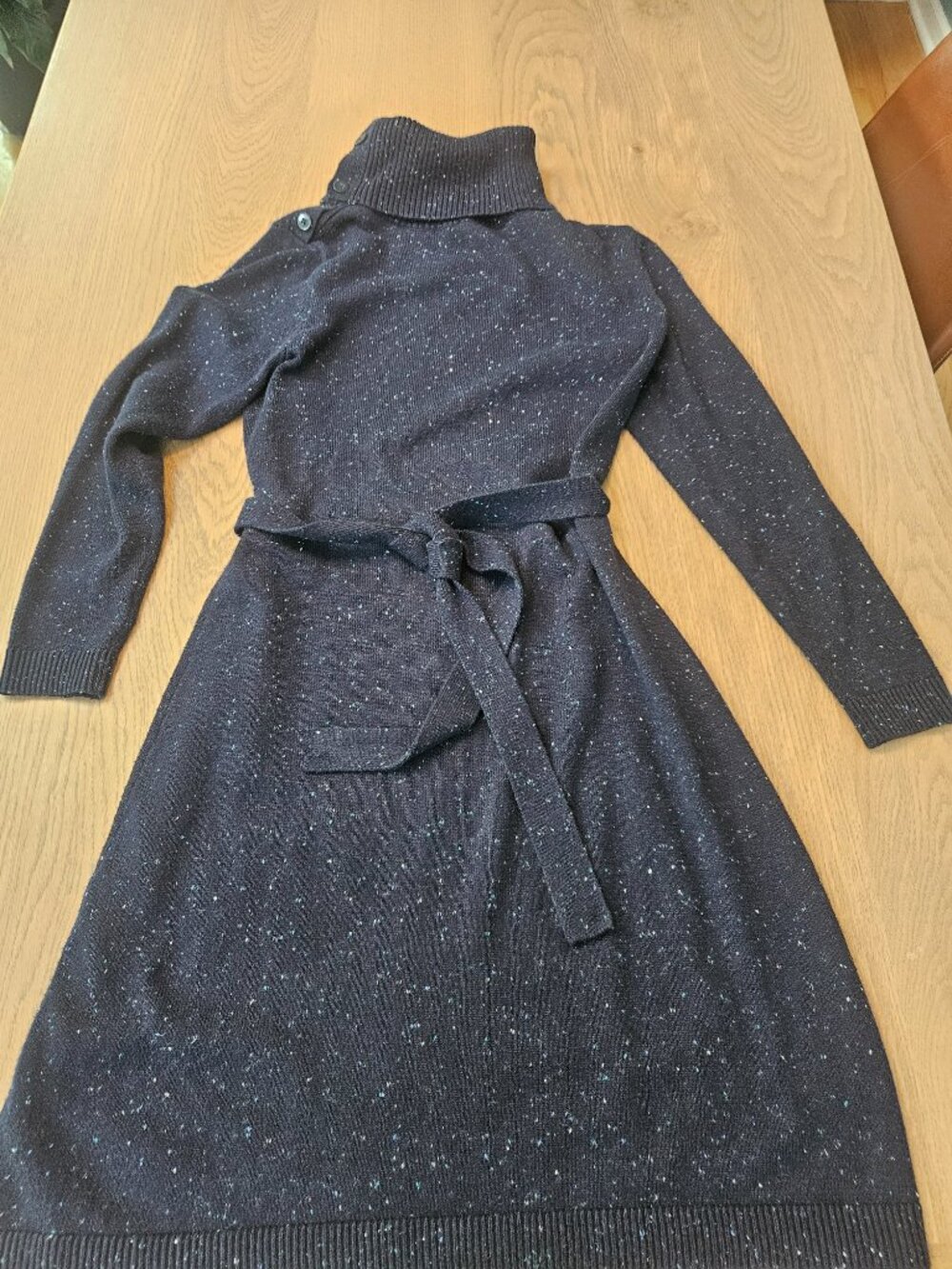 Talbots Petite MP Navy Speckled Sweater Dress Belted Mock Neck Midi Donegal